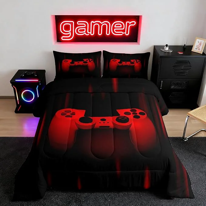 Flexible Feelyou Boys Gamer Comforter Set King Size Gaming Bedding Set Kids Video Games Comforter for Teen Child Gamer Room Decor Super Soft Red Black Bed Set Microfiber Game Geometric Duvet Quilted Gamer Gift Selected