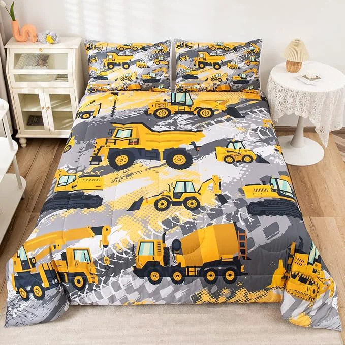 High-Quality Feelyou Kids Construction Comforter Set Queen Size Bedding Sets for Boys Toddler Children Cartoon Excavator Tractor Comforter Set Construction Machinery Truck Duvet Set Baby Boys Vehicles Cars Bed Set Prestigious