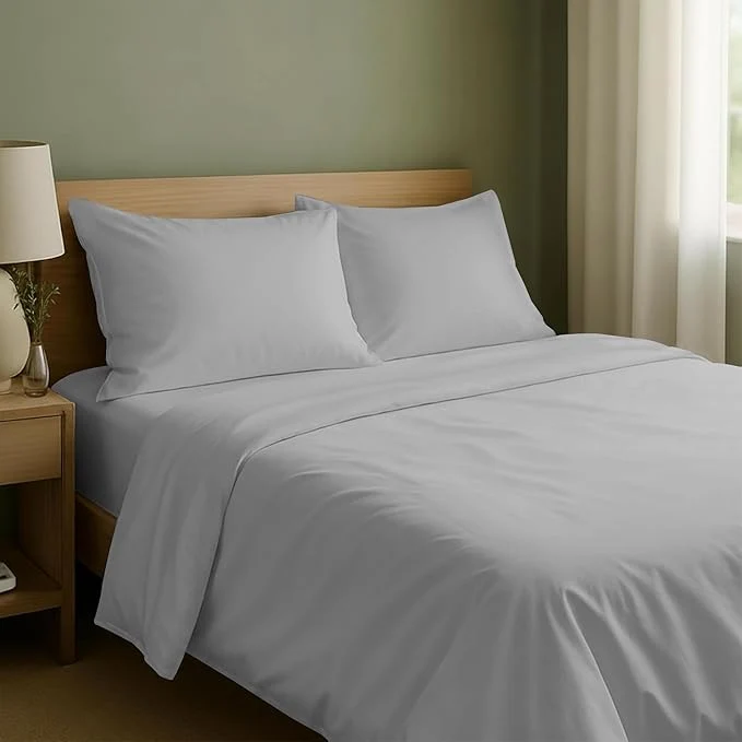 Casual California Design Den Natural Cotton Sheets Full Size Bed Set with Deep Pockets - Soft Sateen Weave Durable Full Size Bed Sheets Light Grey Enhanced