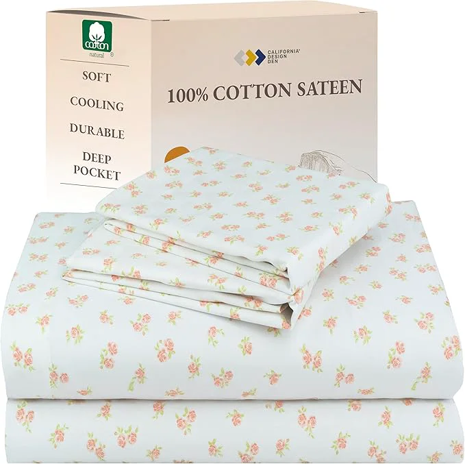 Luxury California Design Den Floral Pattern Bed Sheet Set Queen Size Cotton Sateen Deep Pocket Queen Sheets amp Pillowcase Set - Chic Floral Sophisticated
