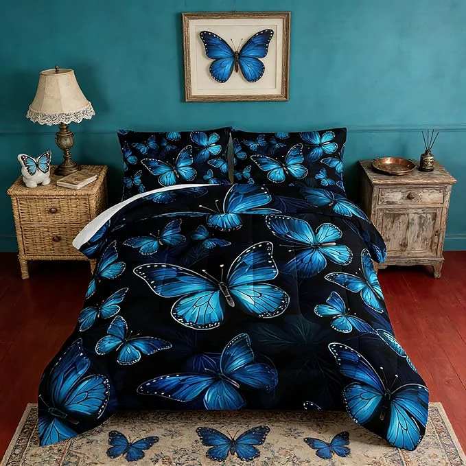 Next-Generation Dream Blue Butterfly Comforter Set King Size Boho Bedding Comforter Sets for Kids Boys Girls Bedroom Decor Aesthetic Animal Themed Bedding Soft Fluffy Comforter Sets with 2 Pillowcases. Safe