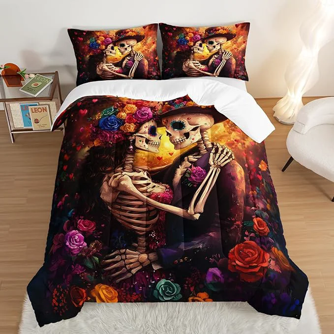 Practical Skull Printed Comforter Set King Size Skeleton Couple Embrace Bedding Romantic Flower Comforter Set for Kids Girls Room Decor Artistic Aesthetics Bedding Set with 2 Pillowcases. World-Class