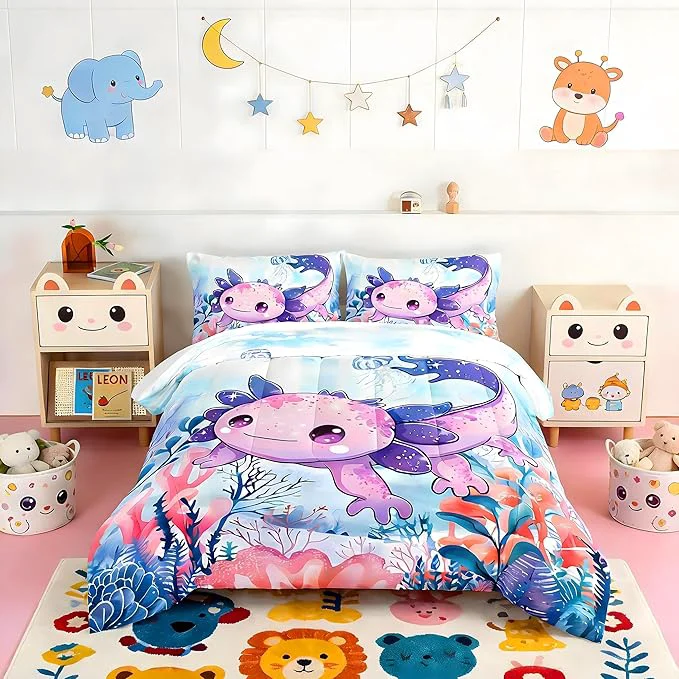 Expertly Made Cute Axolotl Bedding Set King Size Color Axolotl Waterweed Jellyfish Pattern Toddler Bed Comforter Set Kawaii Ocean Life Bedding Sets for Kids Boys Girls Room Decor with 2 Pillowcases. Fine
