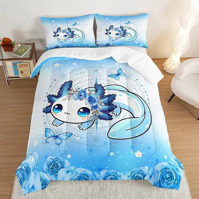 Enhanced Cartoon Axolotl Bedding Comforter Set Full Size Cute Ocean Animal Comforter Set for Kids Girls Room Decor Blue Comforter Set Butterfly Flowers Bedding with 2 Pillowcases. High-Performance