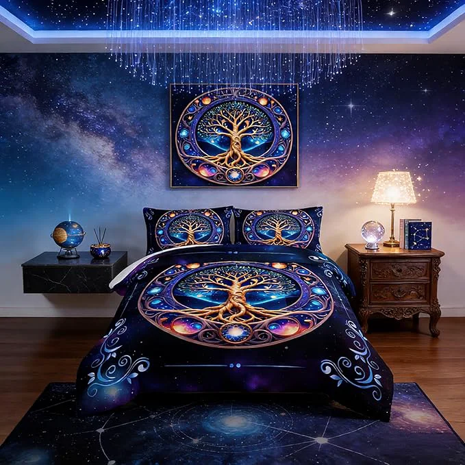 Stylish Tree of Life Bedding Twin Comforter Set Mystic Planet Starry Sky Printed Bedding Comforter Sets for Kids Boys Girls Room Decor Bohemian Bedding Puffy Comforter Sets 2 Pillowcases. Safe