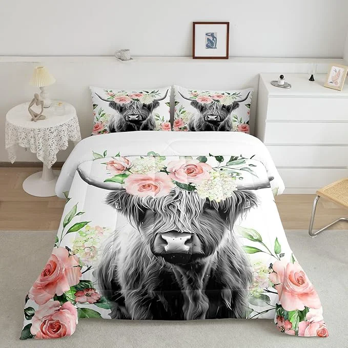 Sophisticated Feelyou Highland Cow Bedding Set Kids Rose Floral Bull Cattle Comforter Set for Girls Teens Western Wildlife Animal Comforter Farmhouse Duvet Set Room Decor Quilt Set King Size Traditional