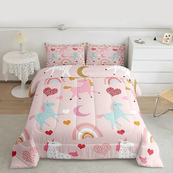 Original Design Feelyou Unicorn Comforter Set Kids Cute Cartoon Unicorns Decor Comforter for Girls Pink Bedding Set Rainbow Duvet Set Twin Size Quilt Boys Selected