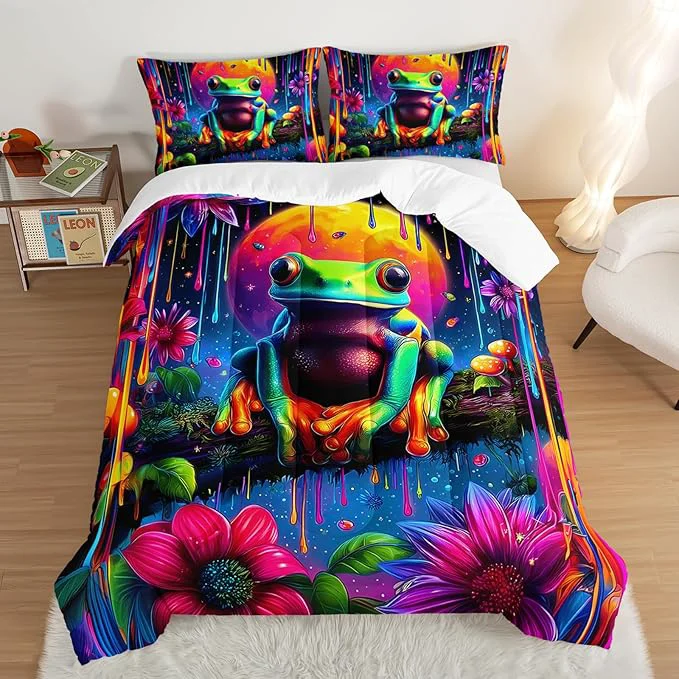 World-Class Cartoon Frog Bedding Set Cute Full Size Colored Ink Flower Painting Comforter Sets for Kids Girls Boys Room Decor Cute Animals Themed Comforter Set with 2 Pillowcases. Premium Material