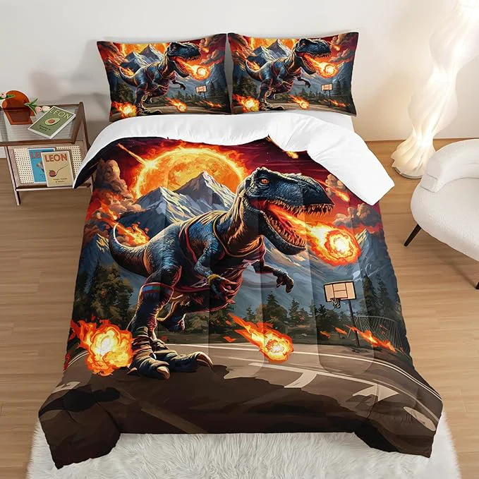 Innovative Kids Fun Dinosaur 3 Piece Bedding Set King Size Cartoon Dinosaur Fireball Comforter Set for Boys Girls Teens Room Decor Animal Themed Bed in a Bag with 2 Pillowcases. Verified