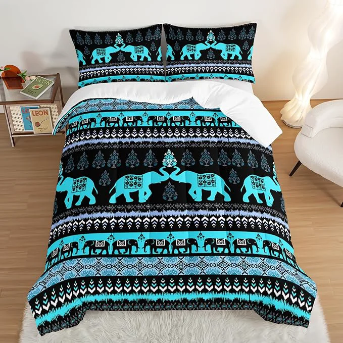 Refined Western Comforter Set King Size Elephant Print Bedding for Kids Blue Series Animal Themed Bedding Set for Boys Girls Room Decor Boho Bedding Comforter Sets with 2 Pillowcases. Responsible