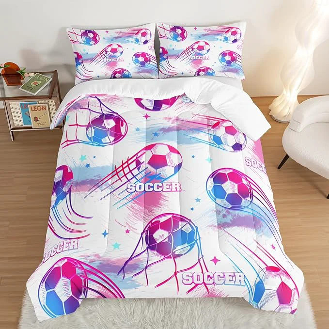 Elite Ball Games Bedding Football Queen Comforter Set Pink and Blue Soccers Stars Bedding Set for Kids Girls Boys Room Decor Sports on The Court Aesthetic Bedding Sets with 2 Pillowcases. First-Class