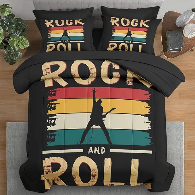 Lightweight Comforter Set Twin Size Rock Roll Music Vintage 5 Pcs Bedding for Kids and Adults Retro Guitar Disco Bed Sheet Sets with Fitted Sheet Pillowcase amp Sham for Bedroom Bed Decor Fine