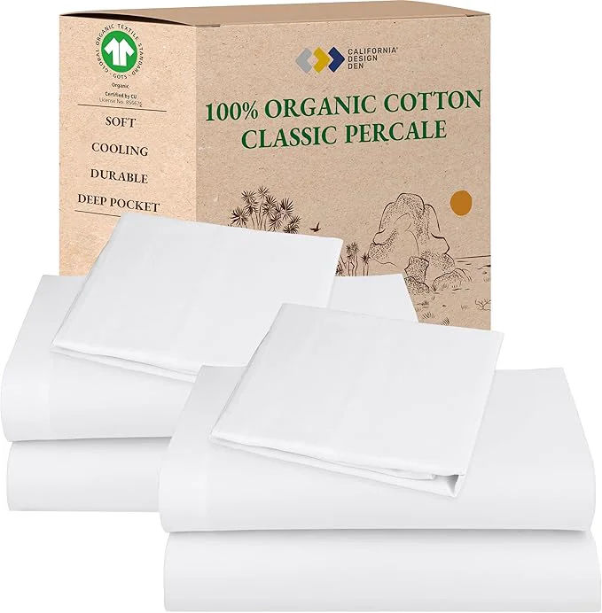 Authentic California Design Den 2-Pack Twin Sheets Set - Organic Cotton Crisp and Breathable Percale Feel Deep Pocket White Bed Sheets Lightweight Bedding Set - White Environmentally Friendly
