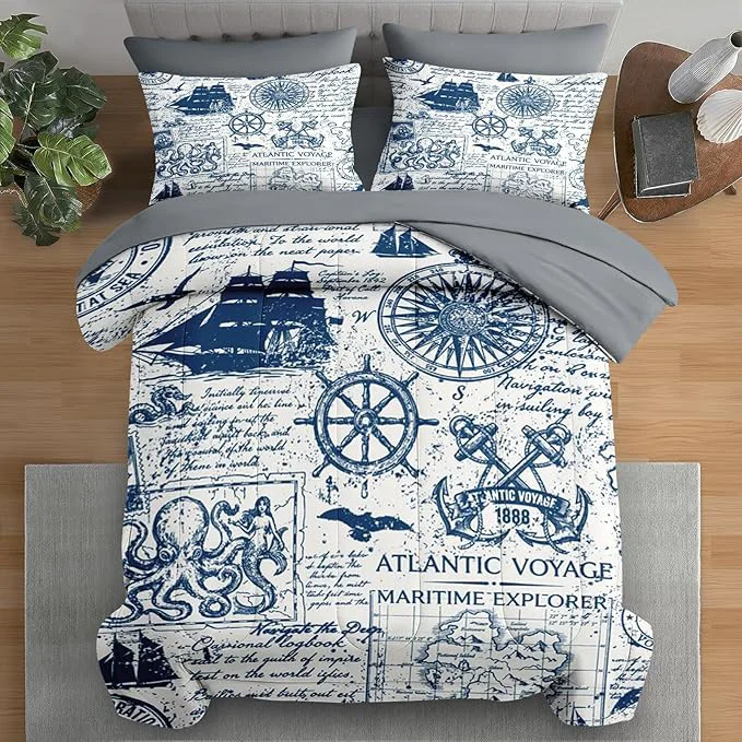 Pure Comforter Set Twin Size Nautical Anchor Sailor Grey 5 Pcs Bedding for Kids and Adults Ocean Vintage Sea Bed Sheet Sets with Fitted Sheet Pillowcase amp Sham for Bedroom Bed Decor Recyclable