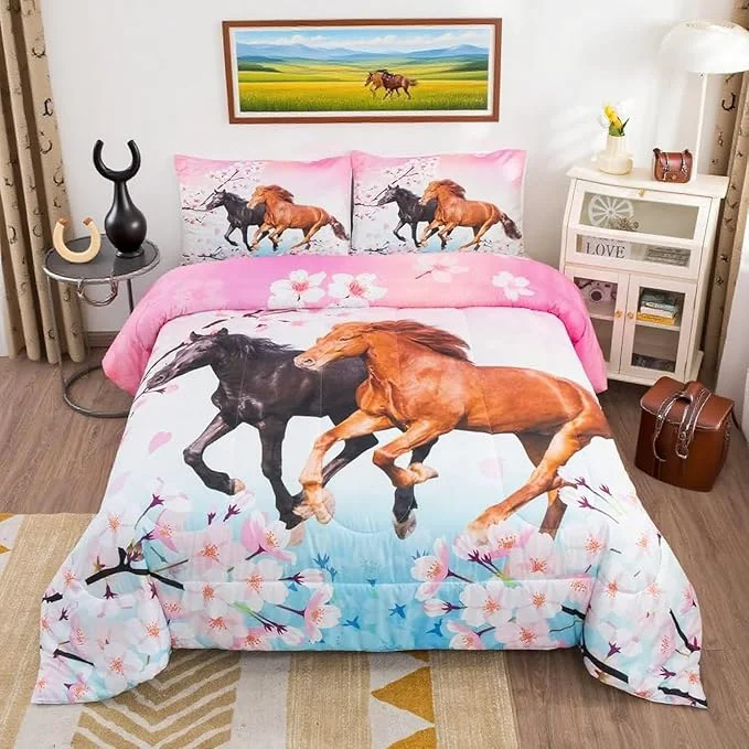 Responsible Feelyou Girls Horse Comforter Set King Size Chic Pink Cherry Blossom Bedding Set for Horse Lover Gift Farmhouse Comforter 3D Wild Animal Quilted Bedroom Decor 3Pcs Fast