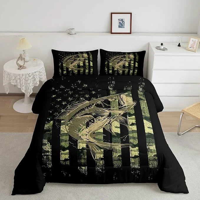 Minimalist Feelyou Bass Fish Comforter Set Queen Size Fisherman Camouflage Bedding Set Pike Fish Camo American Flag Comforter for Women Men Fsihing Lover Room Farmhouse Fishing Bed Set Wild Quilted Set 3Pcs Artisan
