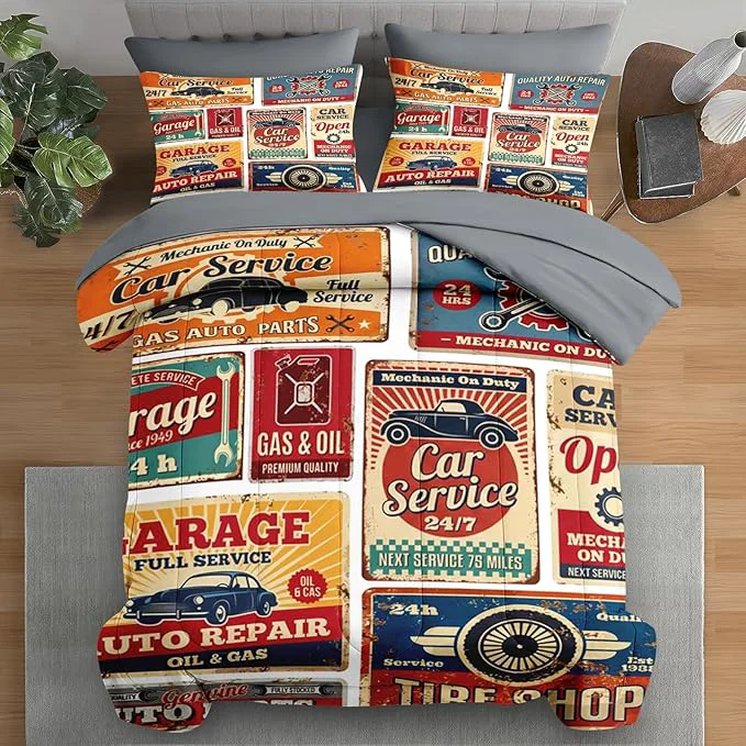 Reliable Comforter Set Full Size Vintage Car Auto 7 Pcs Bedding for Kids and Adults Retro Vehicle Automotive Bed Sheet Sets with Fitted Sheet 2 Pillowcases amp 2 Shams for Bedroom Bed Decor First-Class
