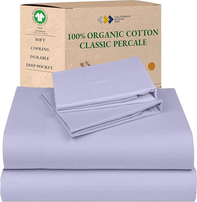 Sustainable California Design Den Queen Size Bed Sheets - Soft Percale Cotton Sheets with Deep Pockets Crisp Percale Breathable and Durable Bedding Set - Lavender Mist Detailed