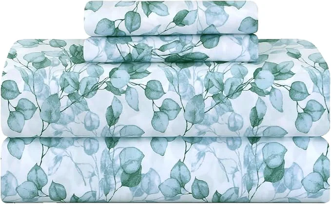 Genuine Feather amp Stitch Printed 500 TC Twin Size 3pc Damask Bed Sheet Set Soft Cotton Breathable Bedsheets 18 quot Deep Pockets Sateen Weave Striped Bedding Mattress Resort Hotel Luxury Decor - Green Leaf Reusable