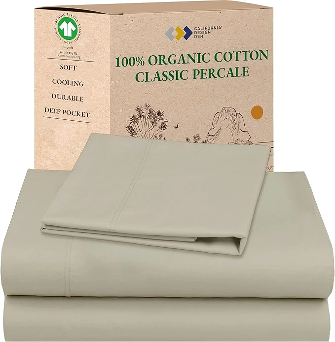 Comfortable California Design Den Twin Size Sheets Set - Soft Organic Bed Sheets with Deep Pockets Crisp Percale Breathable and Durable Bedding Set - Warm Taupe Detailed