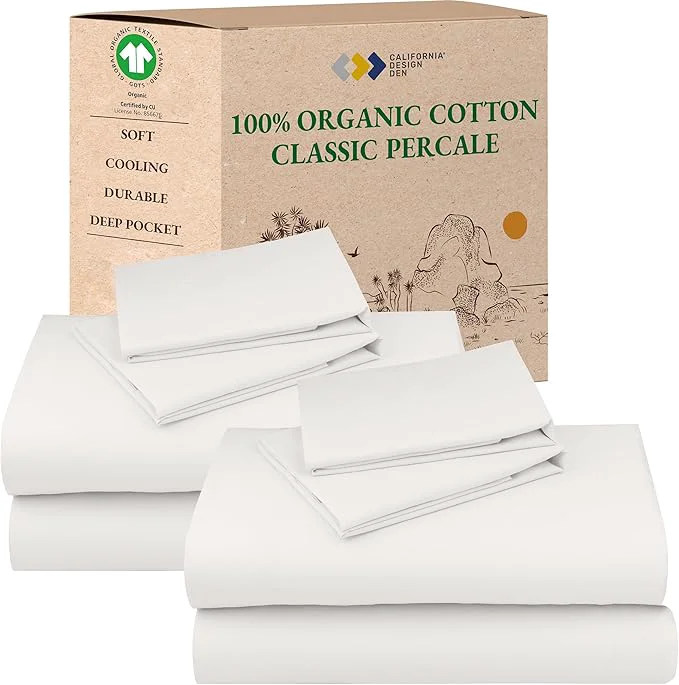 Premium Material California Design Den 2-Pack Organic Cotton Percale Sheets Queen Size Set - Crisp and Breathable Percale Deep Pocket Queen Size Sheet Sets Lightweight Bedding Set - True Ivory Top-Quality