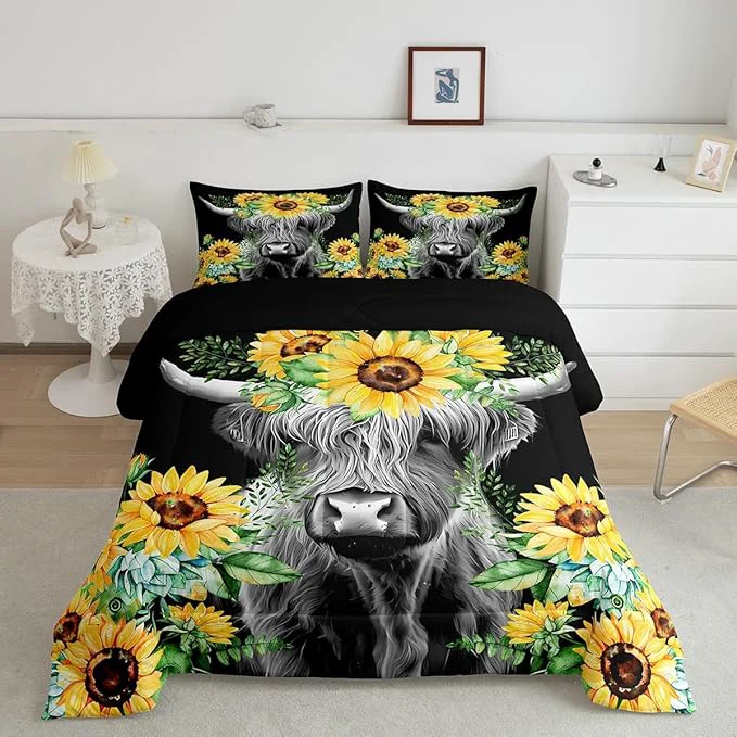 Specialty Feelyou Highland Cow Bedding Set Kids Sunflower Floral Western Cow Bull Comforter Set for Girls Teens Farmhouse Wildlife Animal Comforter Black Duvet Set Room Decor Quilt Set Twin Size Secure