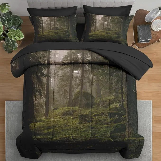 Top-Quality Comforter Set Queen Size Tree Forest 7 Pcs Bedding for Kids and Adults Mystic Mountain Plant Leaf Bed Sheet Sets with Fitted Sheet 2 Pillowcases amp 2 Shams for Bedroom Bed Decor Lightweight