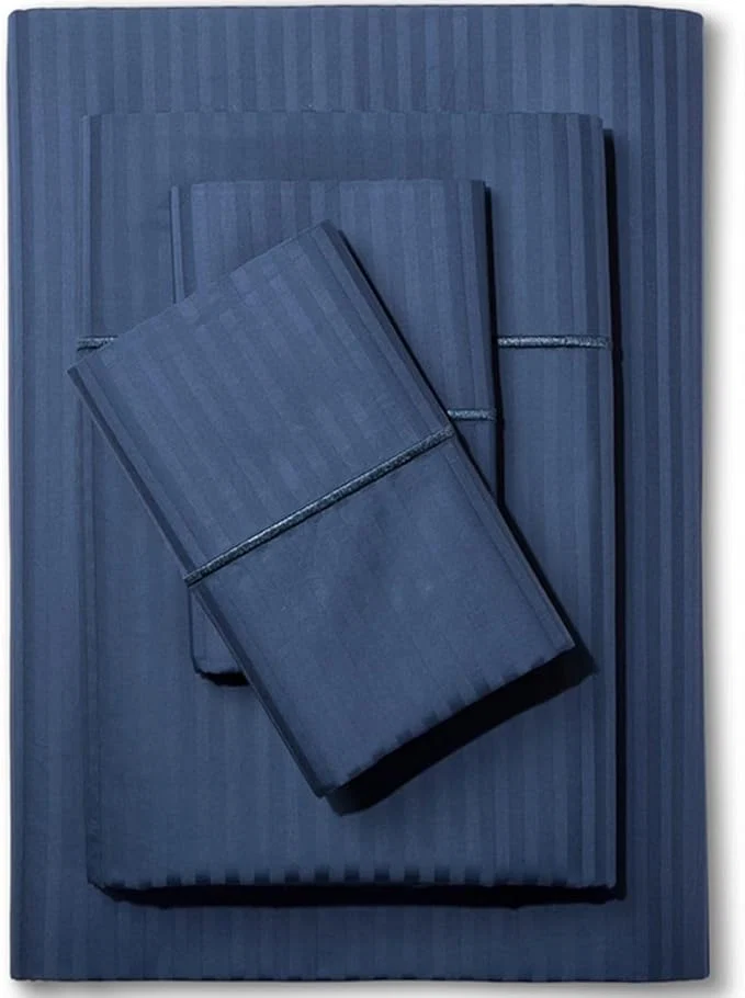 Trendy Feather amp Stitch 500 TC Full Size Damask Bed Sheet Set Cotton Soft Breathable Bedsheets 4 Piece 18 quot Deep Pockets Sateen Weave Striped Bedding Mattress Resort Hotel Luxury - Dark Blue Stripe Expertly Made