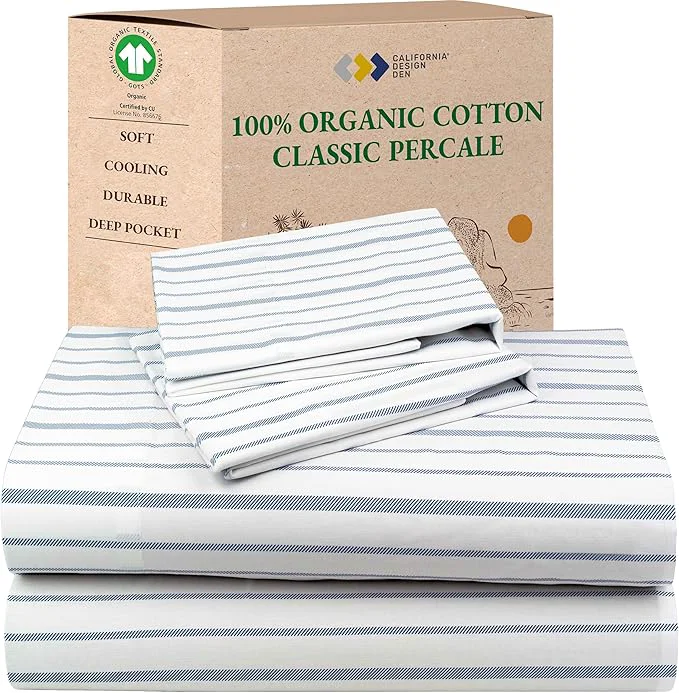 Responsible California Design Den Full Sheet Set Stripe Organic Cotton Percale Sheets Deep Pocket Full Sheets amp Pillowcase Set - Blue Stripe Exceptional