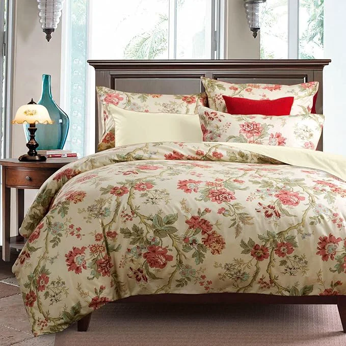 Fine mixinni Garden Style 3 Pieces Red Flower Leaf Pattern Duvet Cover Set Queen Reversible Beige Comforter Cover Set for Women and Men Easy Care Soft Durable- 3pcs King Size Authentic