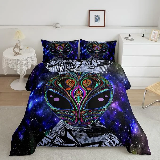 Healthy Feelyou Alien Printed Comforter Kids Galaxy Outer Space Themed Bedding Set Boys Girls Trippy Alien Hippie Skull Decor Comforter Set Colorful Tie Dye Quilted Duvet Bedroom Bed Set Twin Size… Premium Material