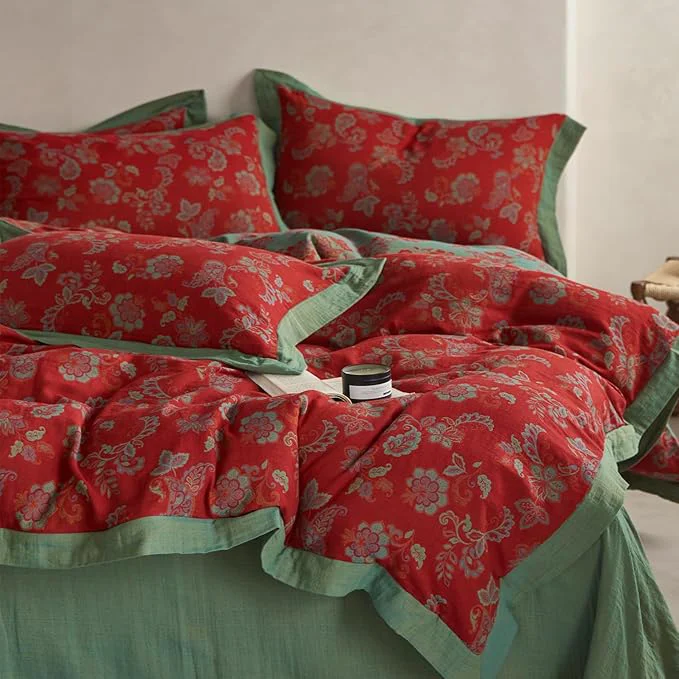 Healthy mixinni Exquisite Vintage Red Floral Duvet Cover King Size Yarn-Dyed Jacquard Textured Design Duvet Cover Set with Green Edge Design Premium Muslin Cotton-Linen Bedding Set for All Season-King Size Selected