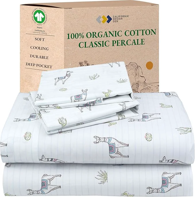 World-Class California Design Den Printed Sheets King Size Set - Organic Cotton Soft and Crisp Percale Durable Deep Pocket King Sheets amp Pillowcase Set - Llama Fine