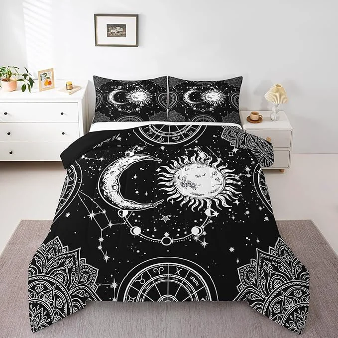 Innovative Sun and Moon Bedding Set Constellation Galaxy Comforter for Kids Boys Girls Teens Psychedelic Boho Mandala Comforter Breathable Celestial Duvet Set Black White Room Decor Quilt Cover Twin Size Sustainable