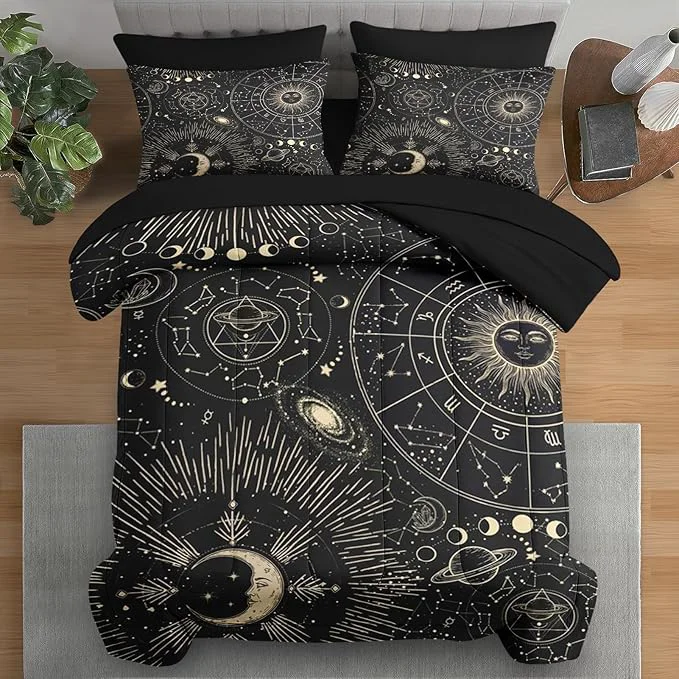 Original Design Comforter Set Full Size Sun Moon Astrology 7 Pcs Bedding for Kids and Adults Space Science Galaxy Retro Bed Sheet Sets with Fitted Sheet 2 Pillowcases amp 2 Shams for Bedroom Bed Decor Trusted