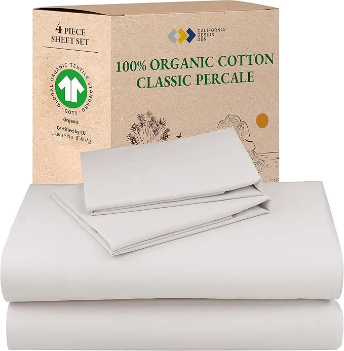 Genuine California Design Den Organic Cotton Sheets Queen Size Bed Set - Crisp Percale Deep Pocket Queen Sheet Set Breathable and Durable Bedding - Stone True Beige Casual