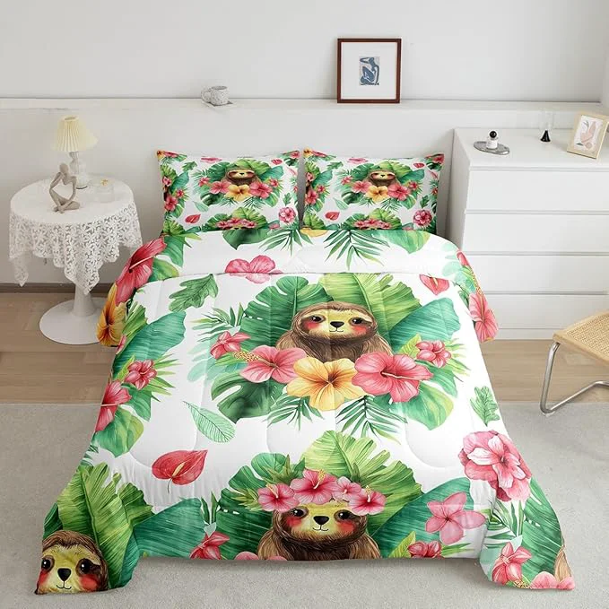 Unique Erosebridal Cartoon Sloth Comforter Set Kawaii Sloth Bedding Palm Leaf Cherry Blossom Monstera Quilt Hawaiian Tropical Leaf Animal Duvet Insert for Kids Boys Girls 3Pcs Full Size Comfortable