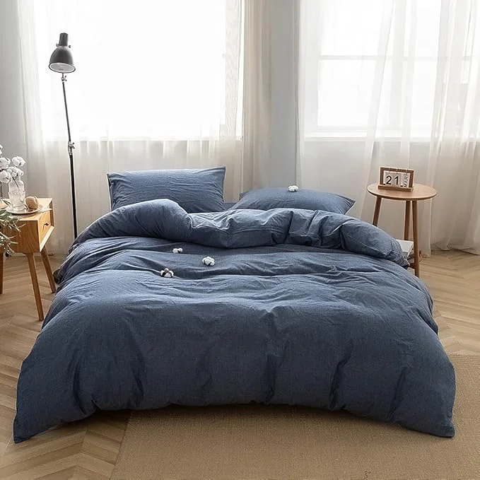 FACE TWO FACE Bedding Duvet Cover Set Washed Cotton Duvet Cover Linen Like Textured Breathable Durable Soft Comfy King Navy Blue Trusted