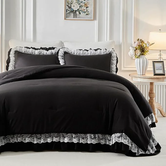 Recyclable Joyreap King Size Comforter Set Black 3pcs Lace Ruffled Bedding Comforter Set Microfiber Vintage Gothic Boho Chic Bedding Set for All Season- 100x88 inches Unique