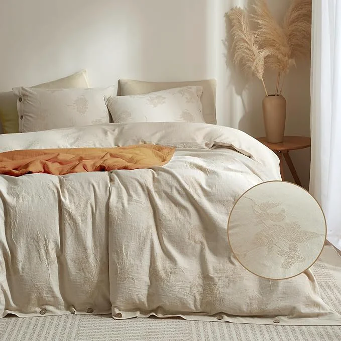 Verified mixinni Queen Duvet Cover Set - 70 Cotton 30 Linen Blend Bohemian Floral Jacquard 3-Piece Comforter Cover with 2 Pillowcases Soft Breathable Lightweight Bedding Set 90 quot x90 quot Almond Milk Grey Detailed