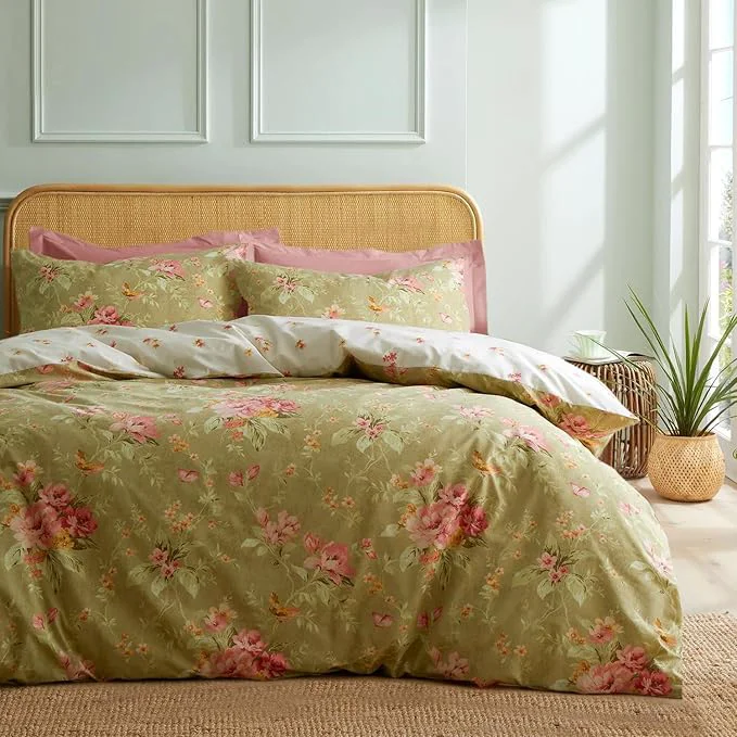 Consistent mixinni Duvet Cover Full Size Long Staple Cotton Reversible Green Floral Duvet Cover Set with Zipper Ties 3 Pieces Botanical Pink Flowers and Green Branches Patterns Bedding Set Secure