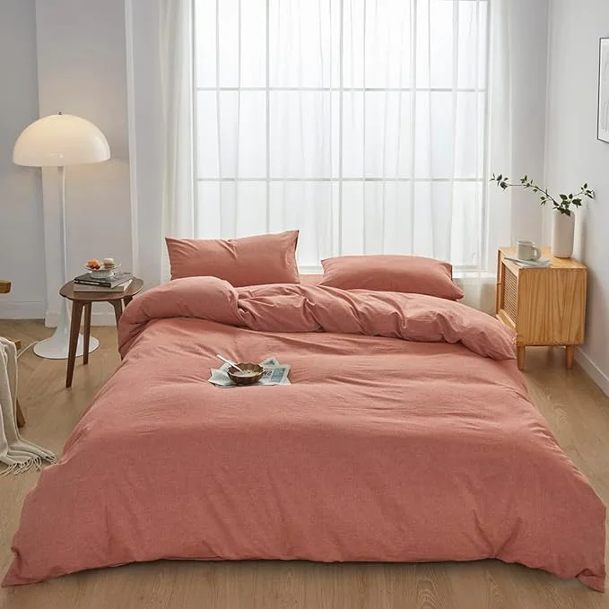 Convenient FACE TWO FACE Bedding Duvet Cover Set Washed Cotton Duvet Cover Linen Like Textured Breathable Durable Soft Comfy Full Caramel High-Quality