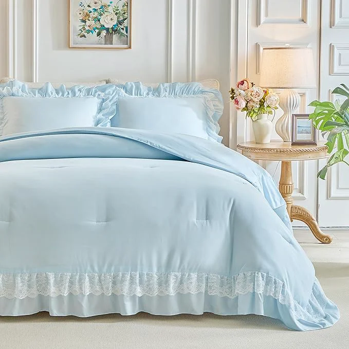 Environmentally Friendly Joyreap Twin Size Comforter Set Blue 3pcs Lace Ruffled Bedding Comforter Set Microfiber Vintage Boho Chic Bedding Set for All Season- 68x88 inches Easy-to-Use