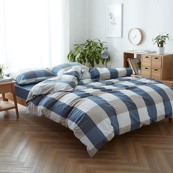 FACE TWO FACE Bedding Duvet Cover Set Washed Cotton Duvet Cover Linen Like Textured Breathable Durable Soft Comfy Queen Blue and White Grid Casual
