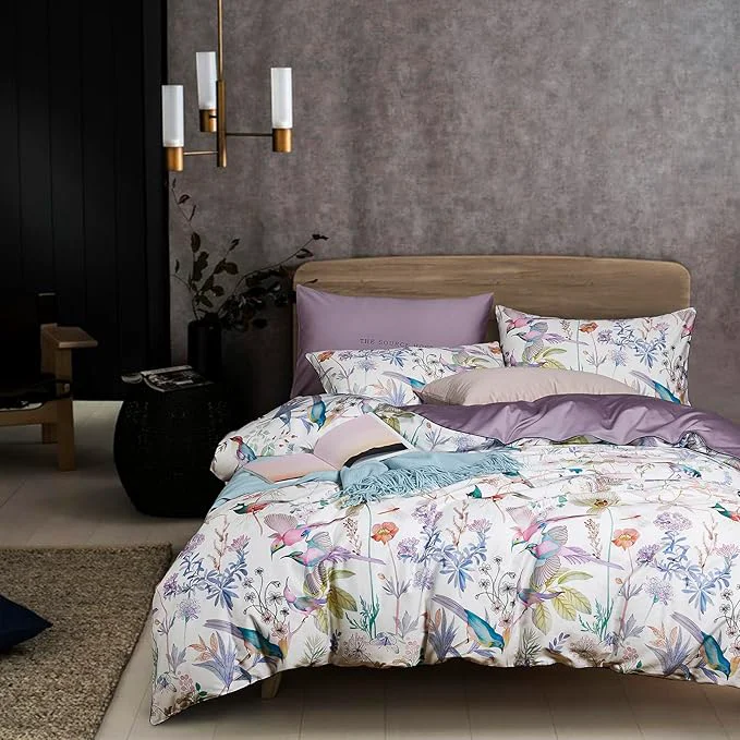 Classic mixinni Queen Size Duvet Cover Purple Flowers Bird Bedding Sets Shabby Chic Boho Long-Staple Cotton Duvet Cover Set with Zipper Ties 1 Duvet Cover 2 Pillowcases Ultra Soft Breathable-Queen Size Efficient