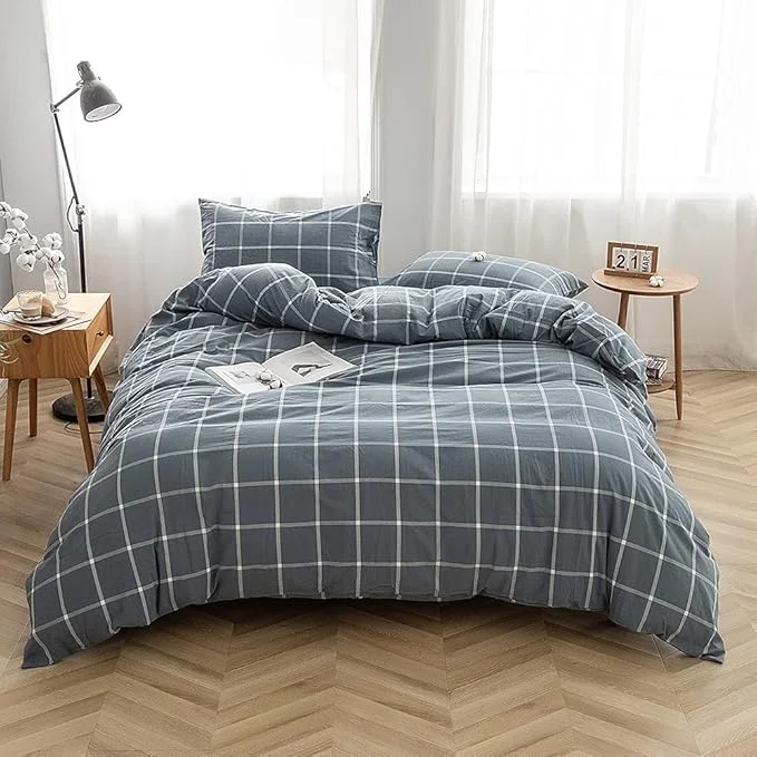 Recyclable FACE TWO FACE Bedding Duvet Cover Set Washed Cotton Duvet Cover Linen Like Textured Breathable Durable Soft Comfy California King Grey Green Grid Advanced
