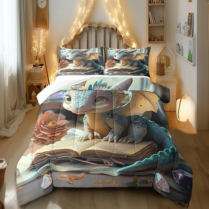 Smart Cartoon Dragon Comforter Set King Size Fantasy Western Animal Bedding Set Toddler Bedroom Decor Wild Daisy Flower All Season Quilt Set Cute Dragons Bedding Comforter Sets 3Pcs Selected