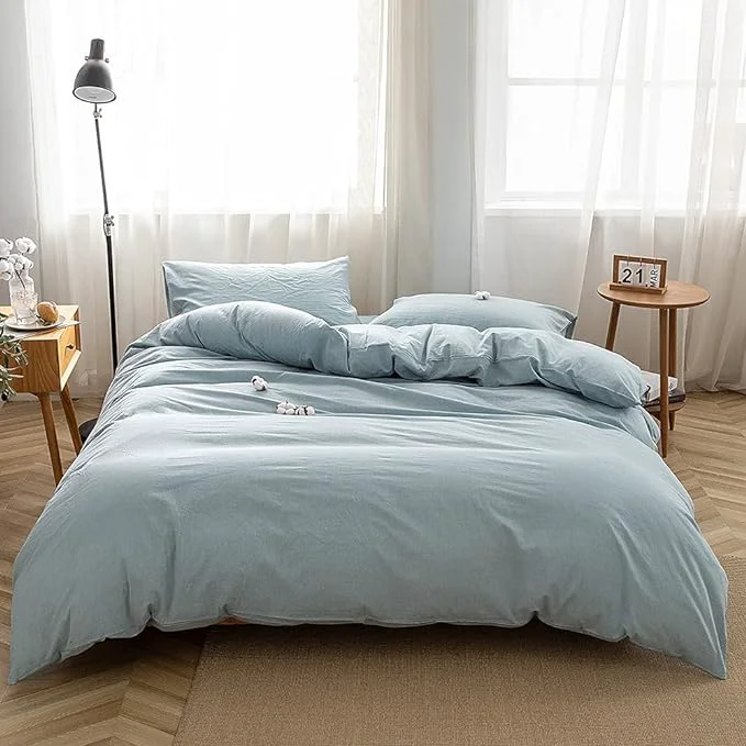 Superior FACE TWO FACE Bedding Duvet Cover Set Washed Cotton Duvet Cover Linen Like Textured Breathable Durable Soft Comfy Twin Light Blue Stylish