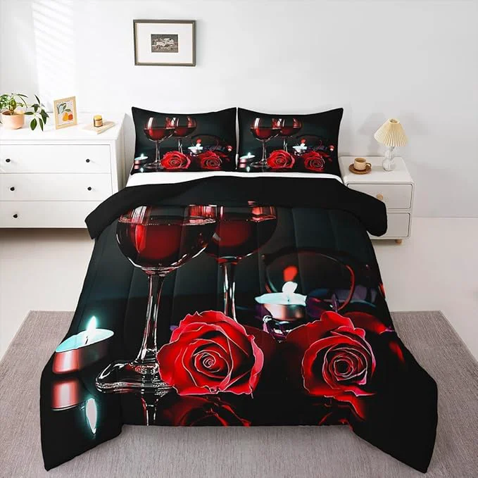 Enhanced Erosebridal 3D Rose Wine Glass Bedding Sets King Girls Romantic Eiffel Tower Comforter Women Floral Fruit Quilt Red Black Flower Bedding Quilted Soft Microfiber Down Comforter with 2 Pillowcases Gray Durable