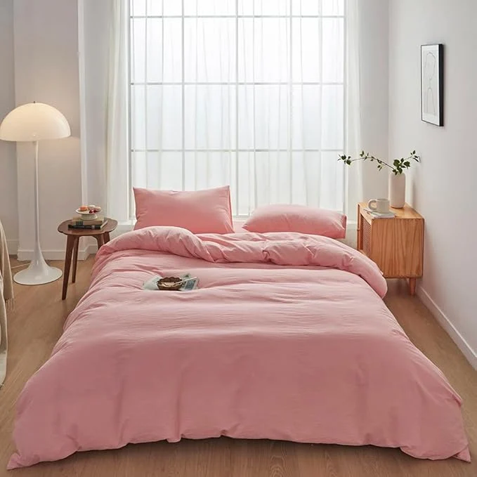 High-End FACE TWO FACE Bedding Duvet Cover Set Washed Cotton Duvet Cover Linen Like Textured Breathable Durable Soft Comfy Queen Light Pink Recyclable